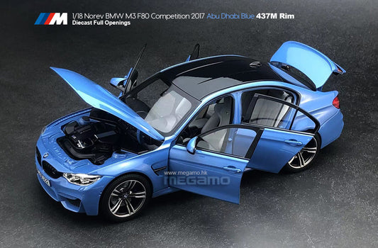 1/18 NOREV BMW F80 M3 Sedan 2017 Competition Yas Marina Blue w/ 437M Wheel Diecast Full Open