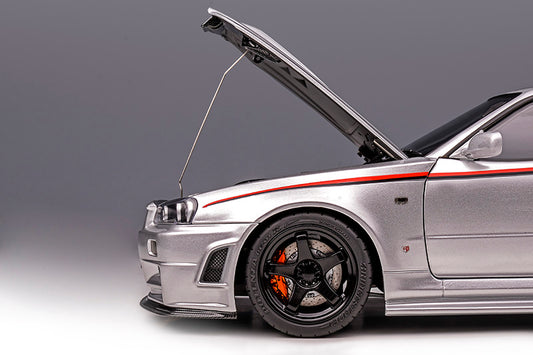 1/18 Motorhelix Nissan Skyline GT-R R34 Nismo Customized Decal JDM Blue White Silver Diecast Full Open with Engine Model