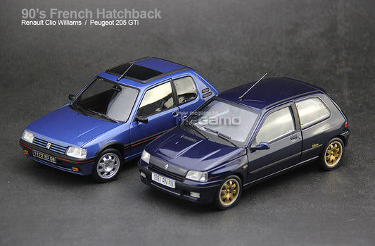 1/18 Norev 1990's French Hatchback 2 Cars Pack Renault Clio Williams 1993 Blue + Peugeot 205 GTi 1.9 Windowroof Miami Blue Diecast