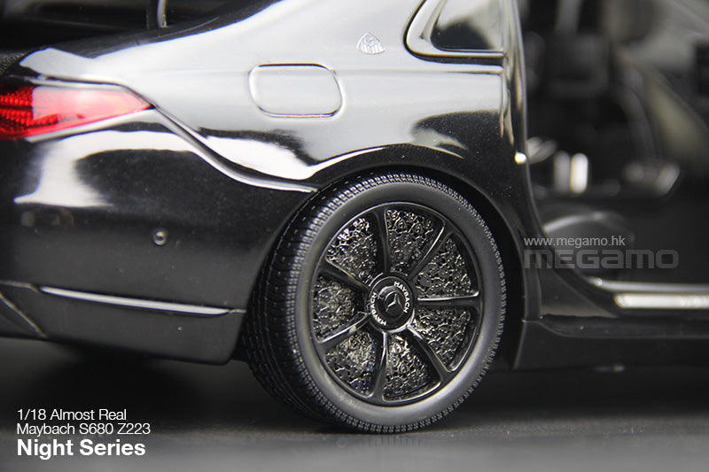 1/18 Almost Real Mercedes-Maybach S680 W223 Z223 Night Series Obsidian Black 4 Wheels Turn Full Open Diecast Ltd 1008 Pcs