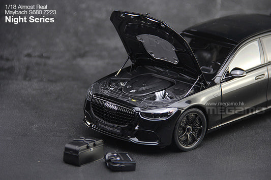 1/18 Almost Real Mercedes-Maybach S680 W223 Z223 Night Series Obsidian Black 4 Wheels Turn Full Open Diecast Ltd 1008 Pcs