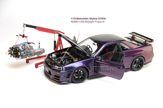 1/18 Motorhelix Nissan Skyline GT-R R34 Nismo CRS Midnight Purple Chameleon Diecast Full Open with Engine Model