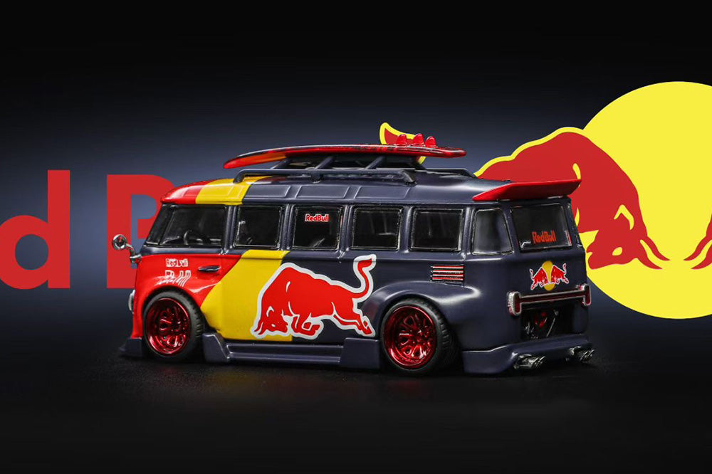 Pre Order 1:64 Liberty 64 Volkswagen VW T1 Widebody HellaFlush Tuning Gulf Red Bull Livery Diecast Model