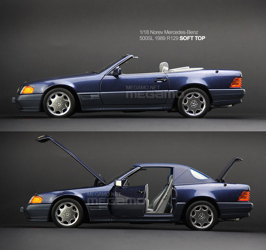 1/18 Norev Mercedes-Benz W129 R129 SL500 Convertible 1989 Blue Soft-Top Diecast Open