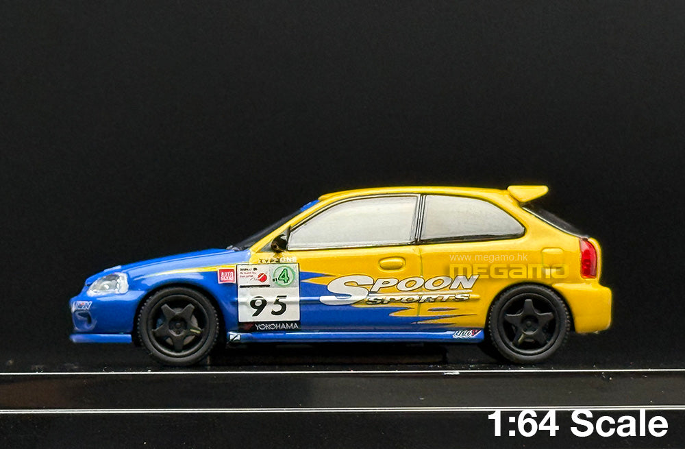1/64 Motorhelix Honda EK9 Spoon Livery Yellow Blue Magnet Hood Diecast