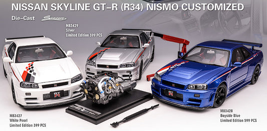 1/18 Motorhelix Nissan Skyline GT-R R34 Nismo Customized Decal JDM Blue White Silver Diecast Full Open with Engine Model