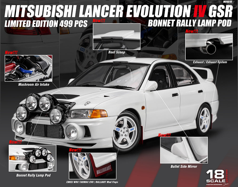 1/18 Motorhelix Mitsubishi Lancer EVO IV 4th GSR White Diecast Full Open w/ Dyno Rally Lamp Pod
