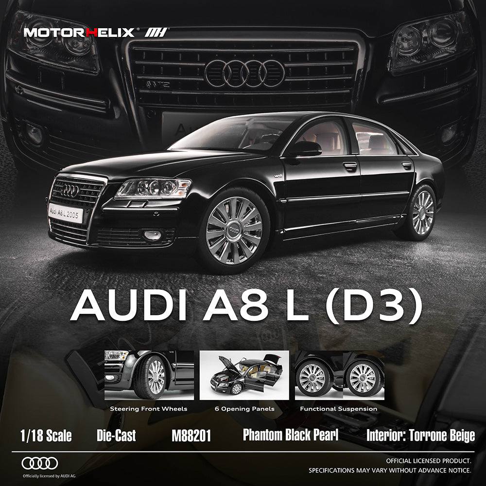 Pre Order 1/18 Motorhelix Audi A8L D3 W12 Black Full Open Diecast Model