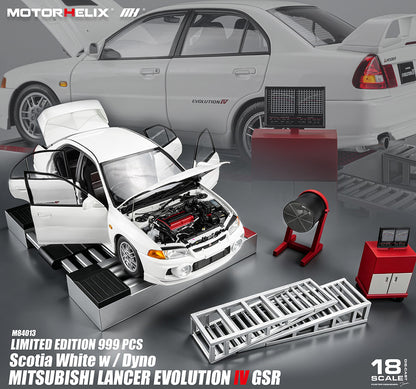 1/18 Motorhelix Mitsubishi Lancer EVO IV 4th GSR White Diecast Full Open w/ Dyno Rally Lamp Pod