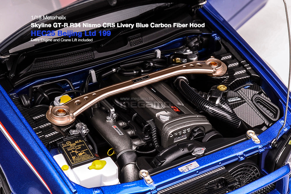 1/18 Motorhelix Nissan Skyline GT-R R34 Nismo CRS Livery HEC 2025 EXPO Beijing Blue Silver Carbon Fiber Hood Ltd 199 JDM Full Open Diecast with Engine Model
