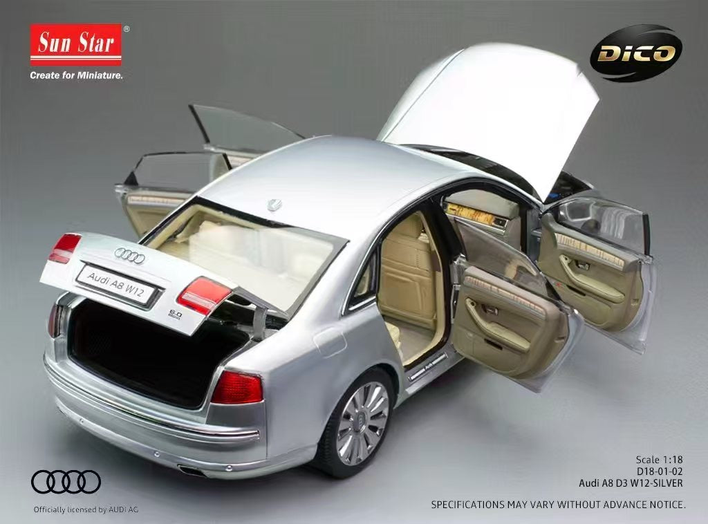 Pre Order 1/18 Sun Star DICO Audi A8 D3 W12 Black Silver Full Open Diecast Model