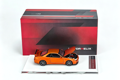 1/64 Motorhelix Nissan Skyline GT-R R34 V-Spec II Customized Orange Openable Bonnet Diecast