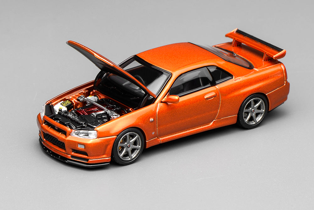 1/64 Motorhelix Nissan Skyline GT-R R34 V-Spec II Customized Orange Openable Bonnet Diecast