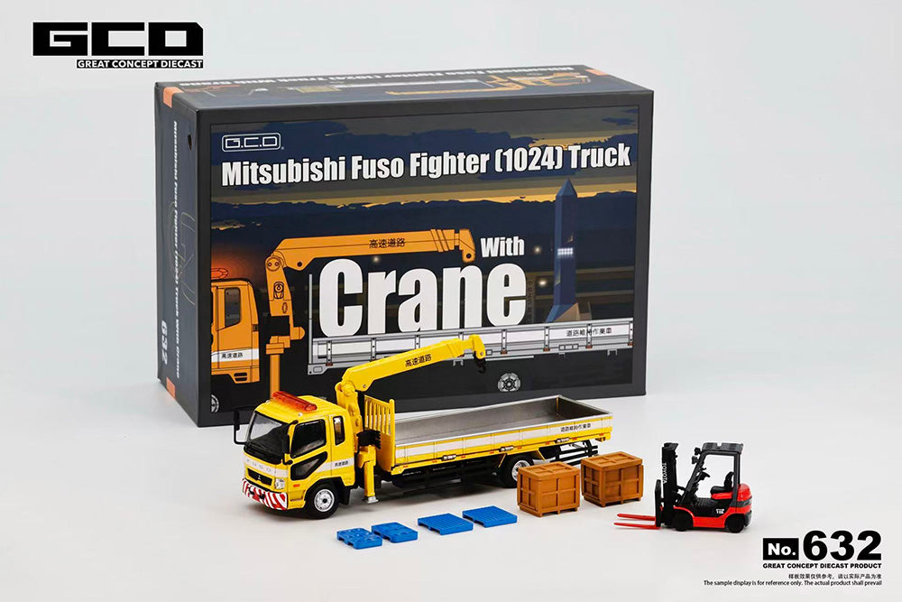 Pre Order 1/64 GCD Mitsubishi Fuso Fighter 1024 Truck with Crane + Toyota Forklift Set Diecast Model