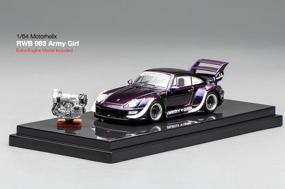 Pre Order 1:64 Motorhelix MH RWB 993 Army Girl Motozolo Porsche 911 Widebody Diecast Model