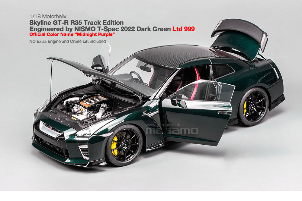 1/18 Motorhelix Nissan Skyline GT-R R35 Track Ed Engineered by NISMO T-Spec 2022 Dark Green JDM Full Open Diecast Model
