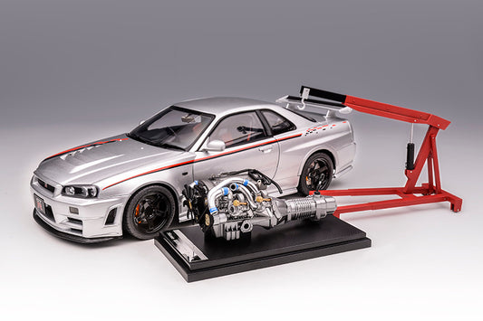 1/18 Motorhelix Nissan Skyline GT-R R34 Nismo Customized Decal JDM Blue White Silver Diecast Full Open with Engine Model
