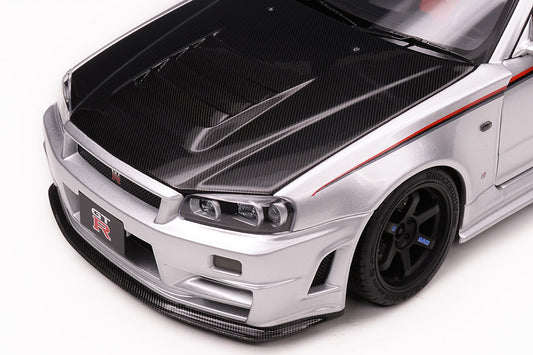 1/18 Motorhelix Nissan Skyline GT-R R34 Nismo CRS Livery Silver Carbon Fiber Hood Ltd 199 JDM Full Open Diecast with Engine Model