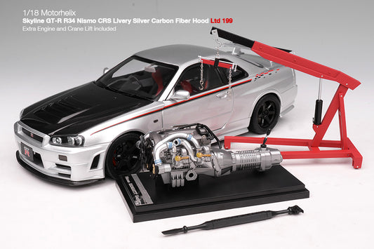 1/18 Motorhelix Nissan Skyline GT-R R34 Nismo CRS Livery Silver Carbon Fiber Hood Ltd 199 JDM Full Open Diecast with Engine Model