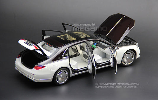 1/18 Norev Mercedes-Maybach S680 W223 Ruby Black White, Gold Black 2 Tones Diecast Full Open