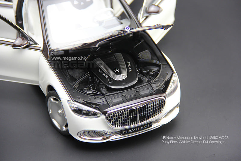 1/18 Norev Mercedes-Maybach S680 W223 Ruby Black White, Gold Black 2 Tones Diecast Full Open