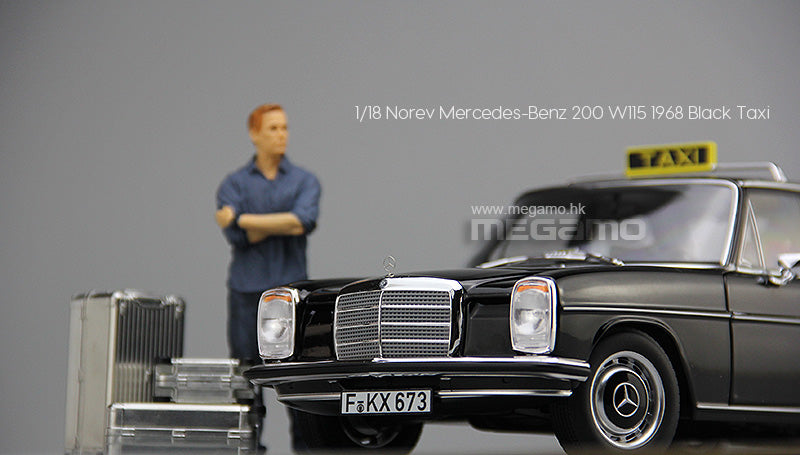 1/18 Norev Mercedes-Benz 200 W115 1968 Black Frankfurt Taxi Diecast Full Open + Figure + Luggages