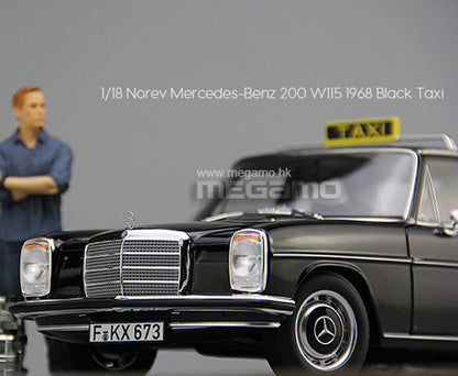 1/18 Norev Mercedes-Benz 200 W115 1968 Black Frankfurt Taxi Diecast Full Open + Figure + Luggages