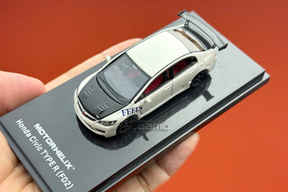 1/64 Motorhelix Honda Civic Type R FD2 FEEL's Livery White Openable Engine Cover Diecast Model