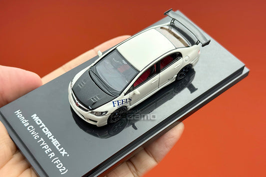 1/64 Motorhelix Honda Civic Type R FD2 FEEL's Livery White Openable Engine Cover Diecast Model