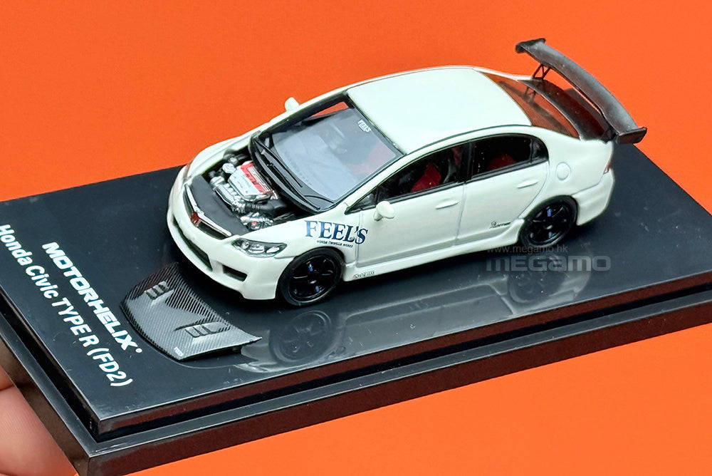1/64 Motorhelix Honda Civic Type R FD2 FEEL's Livery White Openable Engine Cover Diecast Model