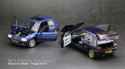 1/18 Norev 1990's French Hatchback 2 Cars Pack Renault Clio Williams 1993 Blue + Peugeot 205 GTi 1.9 Windowroof Miami Blue Diecast