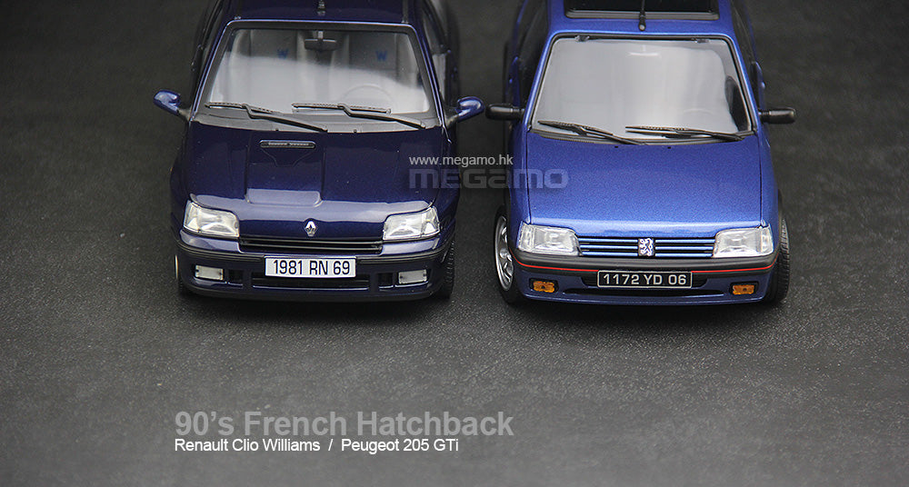 1/18 Norev 1990's French Hatchback 2 Cars Pack Renault Clio Williams 1993 Blue + Peugeot 205 GTi 1.9 Windowroof Miami Blue Diecast