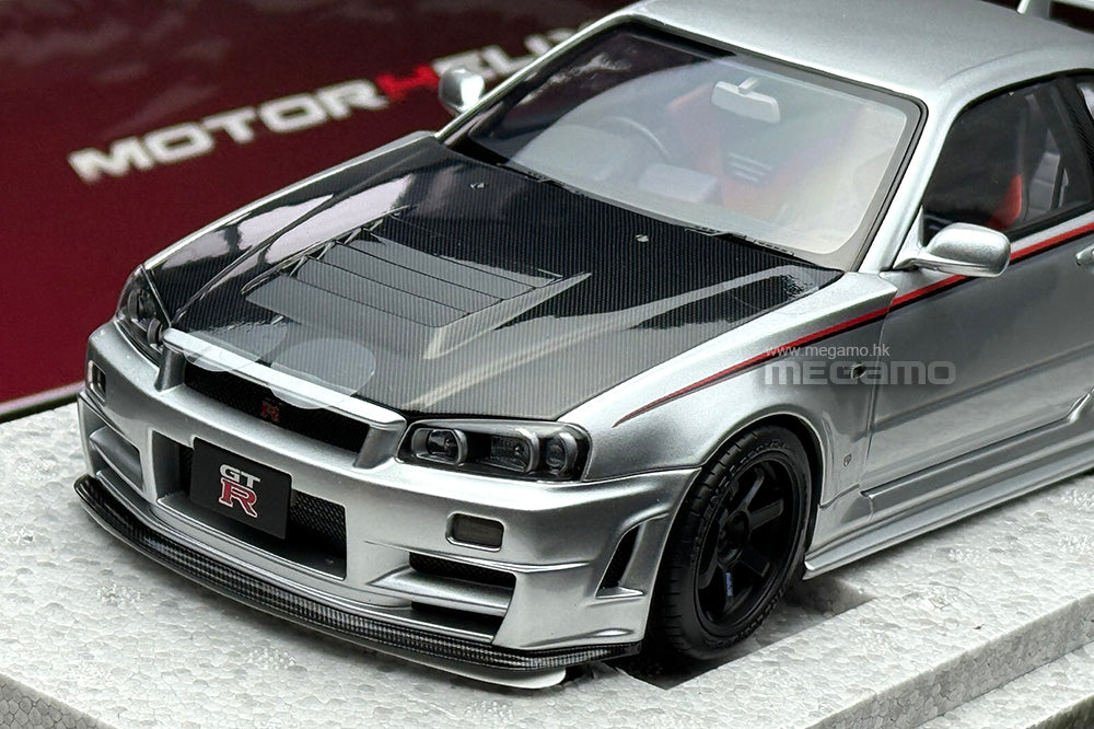 1/18 Motorhelix Nissan Skyline GT-R R34 Nismo CRS Livery Silver Carbon Fiber Hood Ltd 199 JDM Full Open Diecast with Engine Model
