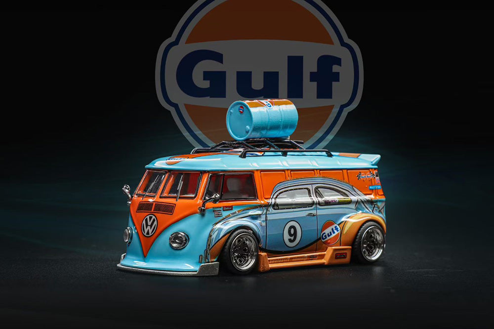 Pre Order 1:64 Liberty 64 Volkswagen VW T1 Widebody HellaFlush Tuning Gulf Red Bull Livery Diecast Model