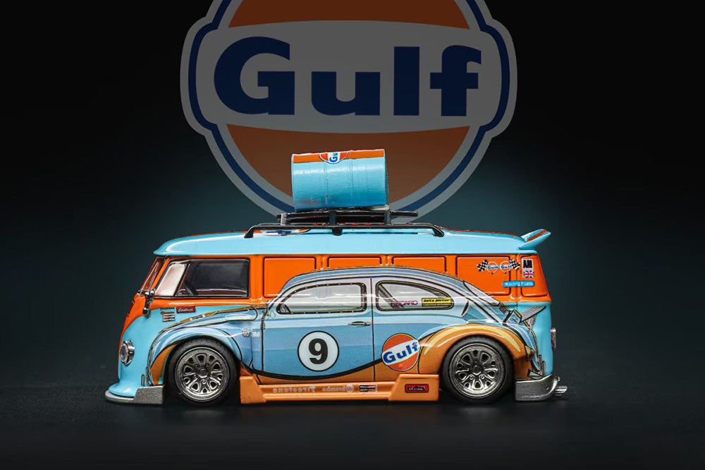 Pre Order 1:64 Liberty 64 Volkswagen VW T1 Widebody HellaFlush Tuning Gulf Red Bull Livery Diecast Model