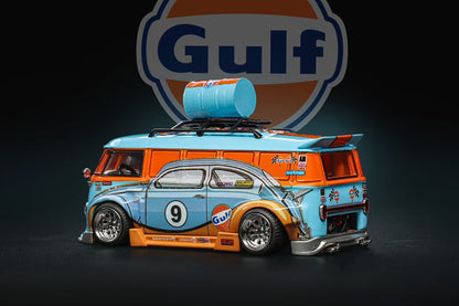 Pre Order 1:64 Liberty 64 Volkswagen VW T1 Widebody HellaFlush Tuning Gulf Red Bull Livery Diecast Model