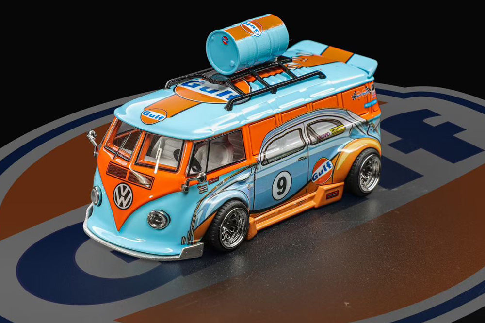 Pre Order 1:64 Liberty 64 Volkswagen VW T1 Widebody HellaFlush Tuning Gulf Red Bull Livery Diecast Model