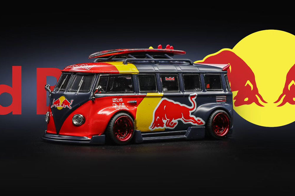Pre Order 1:64 Liberty 64 Volkswagen VW T1 Widebody HellaFlush Tuning Gulf Red Bull Livery Diecast Model
