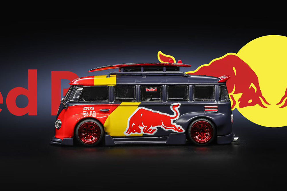 Pre Order 1:64 Liberty 64 Volkswagen VW T1 Widebody HellaFlush Tuning Gulf Red Bull Livery Diecast Model