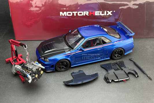 1/18 Motorhelix Nissan Skyline GT-R R34 Nismo CRS Livery HEC 2025 EXPO Beijing Blue Silver Carbon Fiber Hood Ltd 199 JDM Full Open Diecast with Engine Model