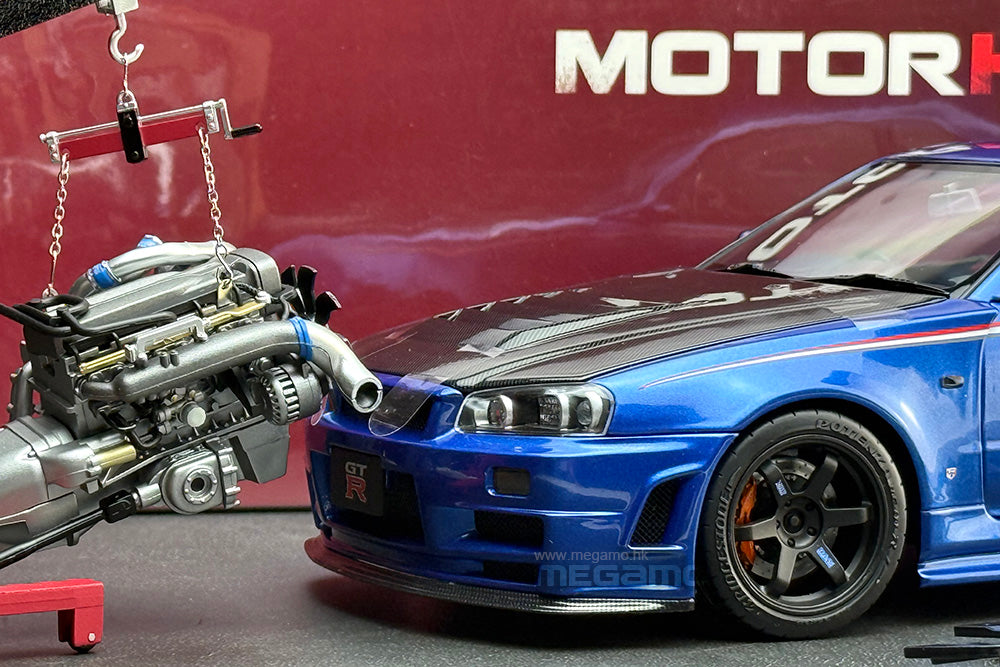 1/18 Motorhelix Nissan Skyline GT-R R34 Nismo CRS Livery HEC 2025 EXPO Beijing Blue Silver Carbon Fiber Hood Ltd 199 JDM Full Open Diecast with Engine Model