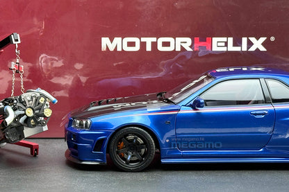1/18 Motorhelix Nissan Skyline GT-R R34 Nismo CRS Livery HEC 2025 EXPO Beijing Blue Silver Carbon Fiber Hood Ltd 199 JDM Full Open Diecast with Engine Model