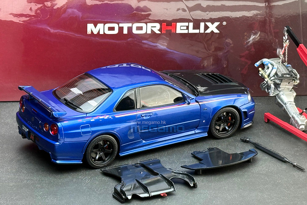 1/18 Motorhelix Nissan Skyline GT-R R34 Nismo CRS Livery HEC 2025 EXPO Beijing Blue Silver Carbon Fiber Hood Ltd 199 JDM Full Open Diecast with Engine Model
