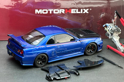 1/18 Motorhelix Nissan Skyline GT-R R34 Nismo CRS Livery HEC 2025 EXPO Beijing Blue Silver Carbon Fiber Hood Ltd 199 JDM Full Open Diecast with Engine Model