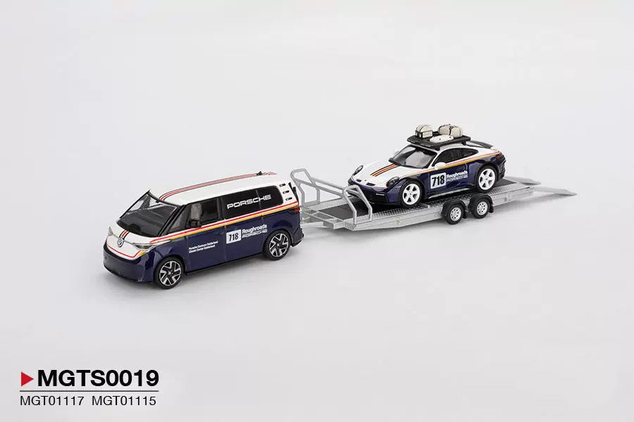 1/64 Mini GT S0019 Porsche 911 Dakar #718 VW ID. Buzz Trailer Set