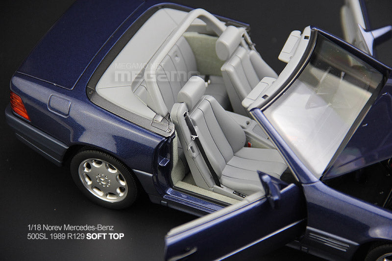 1/18 Norev Mercedes-Benz W129 R129 SL500 Convertible 1989 Blue Soft-Top Diecast Open