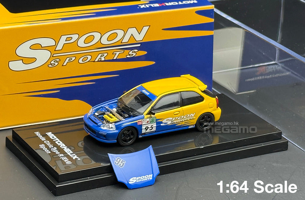 1/64 Motorhelix Honda EK9 Spoon Livery Yellow Blue Magnet Hood Diecast