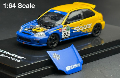1/64 Motorhelix Honda EK9 Spoon Livery Yellow Blue Magnet Hood Diecast