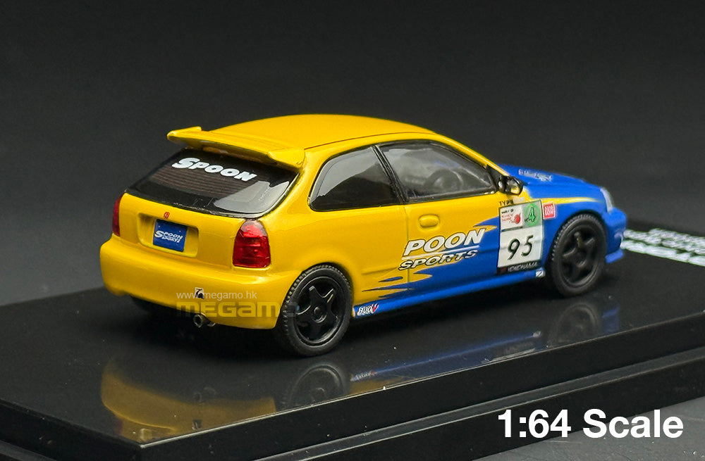 1/64 Motorhelix Honda EK9 Spoon Livery Yellow Blue Magnet Hood Diecast
