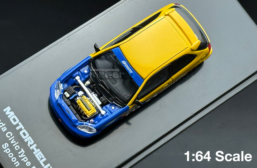 1/64 Motorhelix Honda EK9 Spoon Livery Yellow Blue Magnet Hood Diecast